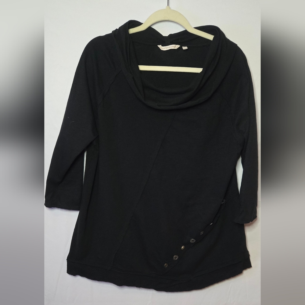 Soft Surroundings Chrissie Black Tunic Cowl Neck Button Detail 3/4 Sleeve Top L